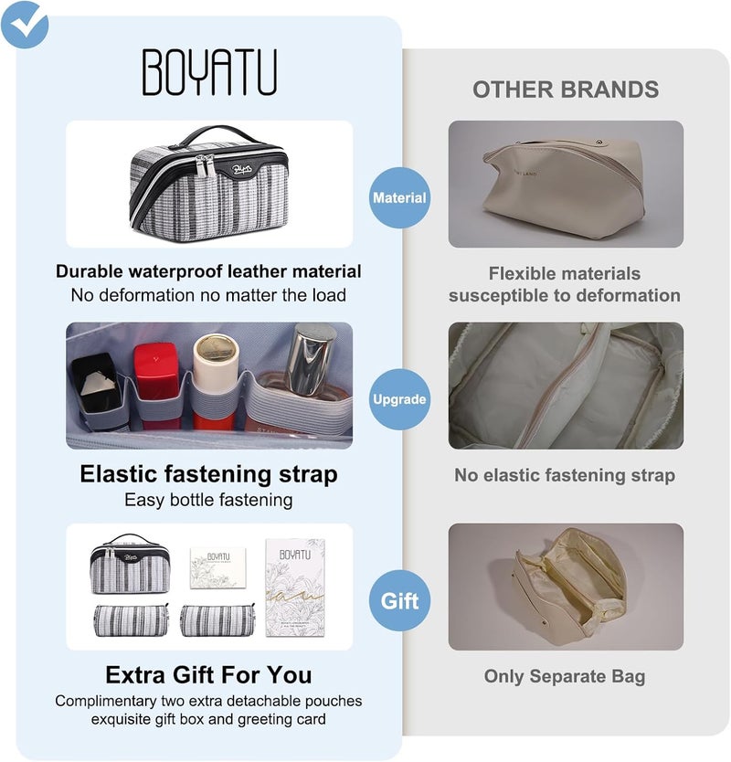 BOYATU Travel Makeup Bag for Women: Large Capacity Open Flat Make up Bag Set of 3 - Vegan Leather Cosmetic Bag with Compartments - Waterproof Toiletry Bag with Handle & Divider(I-2-Black) - Image 3